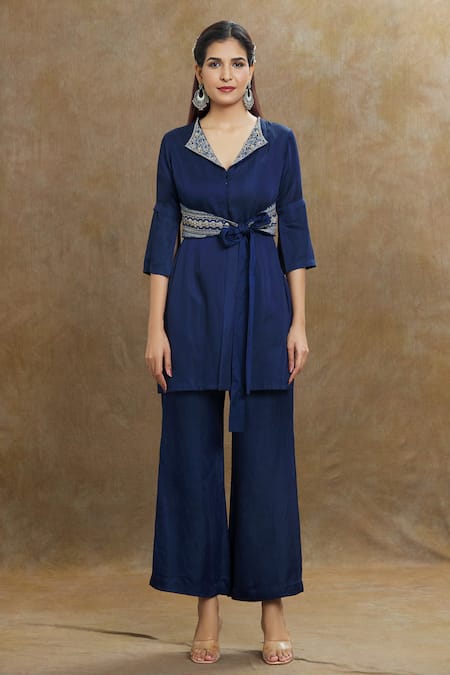 1999ad By Amita & Deepak_Blue Linen, Satin Beads Collared Embroidered Jacket And Pant Set _at_Aza_Fashions