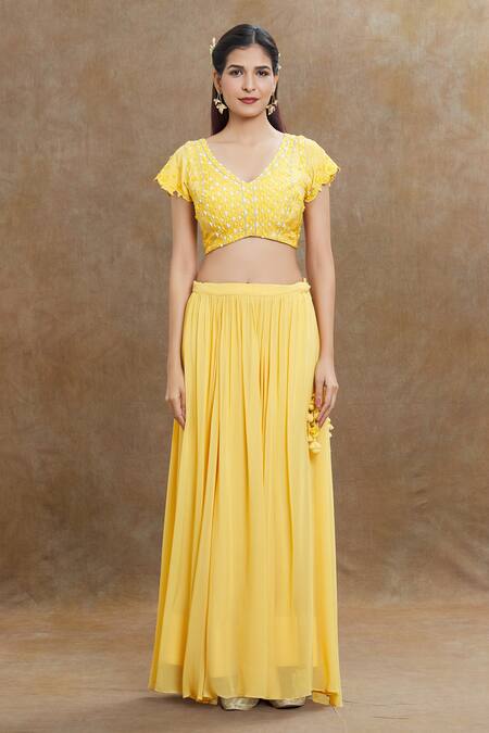 1999ad By Amita & Deepak_Yellow Georgette Embroidery V-neck Blouse Lehenga _Online_at_Aza_Fashions