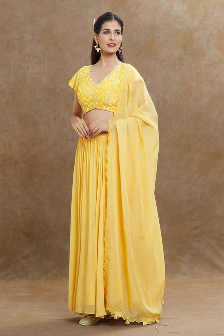 Buy_1999ad By Amita & Deepak_Yellow Georgette Embroidery V-neck Blouse Lehenga _Online_at_Aza_Fashions