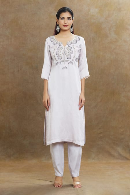 1999ad By Amita & Deepak_Purple Linen, Satin Embroidery, Sequins Split V-neck Kurta Pant Set _Online_at_Aza_Fashions