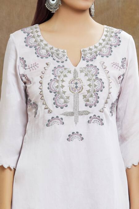 Shop_1999ad By Amita & Deepak_Purple Linen, Satin Embroidery, Sequins Split V-neck Kurta Pant Set _Online_at_Aza_Fashions