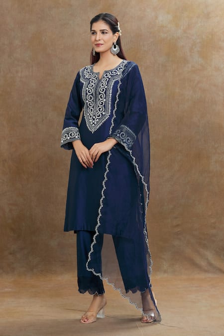Buy_1999ad By Amita & Deepak_Blue Chanderi Embroidery Split V-neck Kurta Pant Set _Online_at_Aza_Fashions