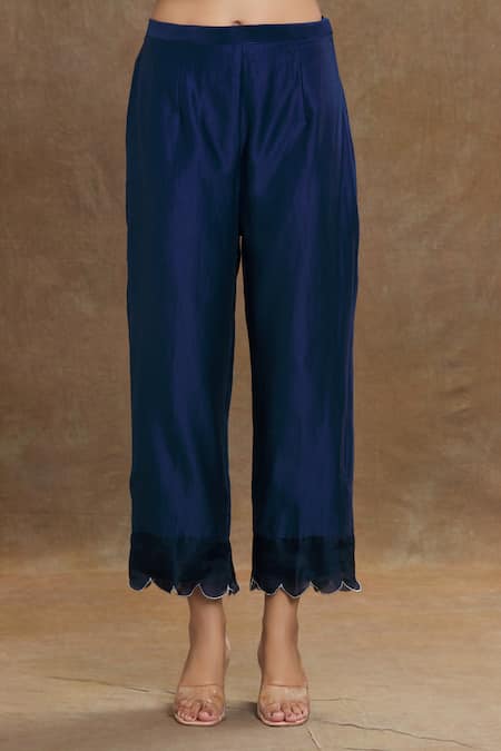 1999ad By Amita & Deepak_Blue Chanderi Embroidery Split V-neck Kurta Pant Set _at_Aza_Fashions