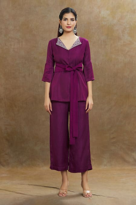 Buy_1999ad By Amita & Deepak_Wine Linen, Satin Embroidery Collared Top And Pant Set _Online_at_Aza_Fashions