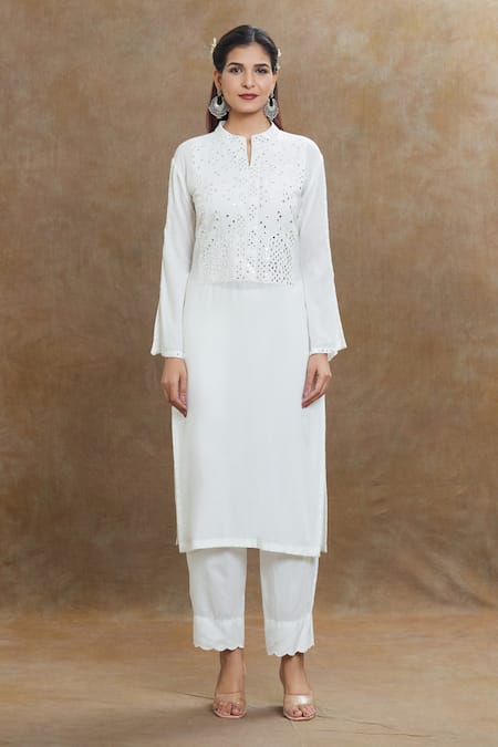 1999ad By Amita & Deepak_Off White Muslin Mirrors, Embroidery Collared Thread Kurta Pant Set _Online_at_Aza_Fashions