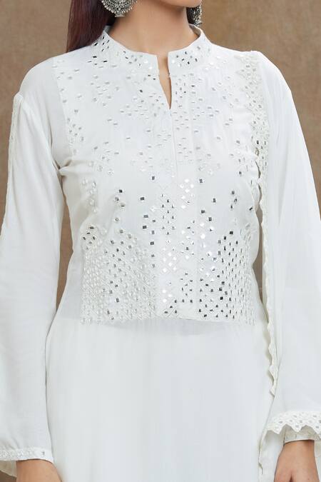 Shop_1999ad By Amita & Deepak_Off White Muslin Mirrors, Embroidery Collared Thread Kurta Pant Set _Online_at_Aza_Fashions