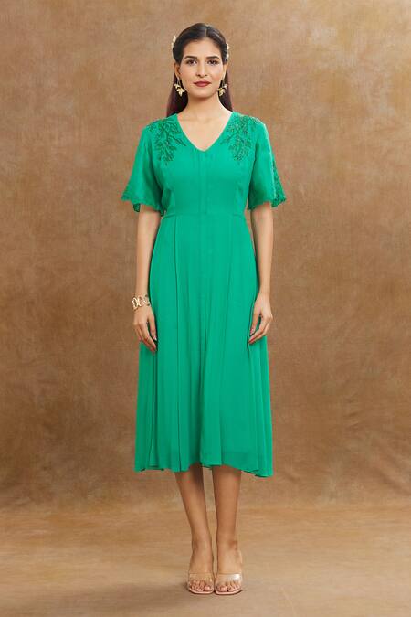 Buy 1999ad By Amita & Deepak Green Georgette Cut Work V-neck Embroidered V Dress Online at Aza Fashions Buy_1999ad By Amita & Deepak_Green Georgette Cut Work V-neck Embroidered V Dress _Online_at_Aza_Fashions