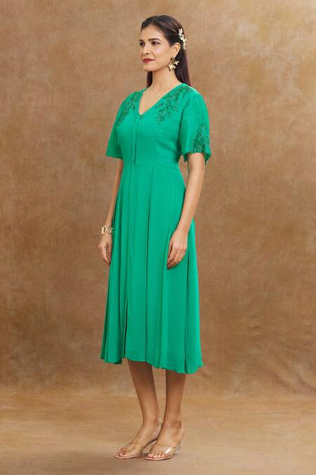 Shop 1999ad By Amita & Deepak Green Georgette Cut Work V-neck Embroidered V Dress Online at Aza Fashions Shop_1999ad By Amita & Deepak_Green Georgette Cut Work V-neck Embroidered V Dress _Online_at_Aza_Fashions