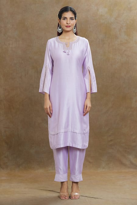 1999ad By Amita & Deepak_Purple Chanderi, Chiffon Embroidery Round Neck Kurta Pant Set _Online_at_Aza_Fashions