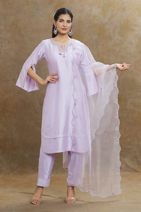 Buy_1999ad By Amita & Deepak_Purple Chanderi, Chiffon Embroidery Round Neck Kurta Pant Set _Online_at_Aza_Fashions