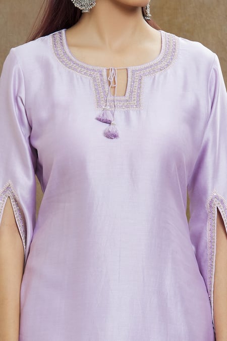 Shop_1999ad By Amita & Deepak_Purple Chanderi, Chiffon Embroidery Round Neck Kurta Pant Set _Online_at_Aza_Fashions