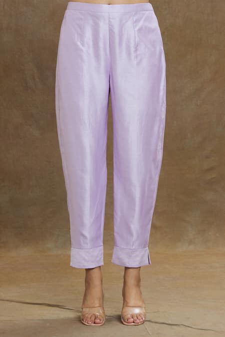 1999ad By Amita & Deepak_Purple Chanderi, Chiffon Embroidery Round Neck Kurta Pant Set _at_Aza_Fashions