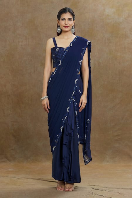 1999ad By Amita & Deepak_Blue Georgette Embroidery Sweetheart Neck Border Pre-draped Saree With Blouse _Online_at_Aza_Fashions