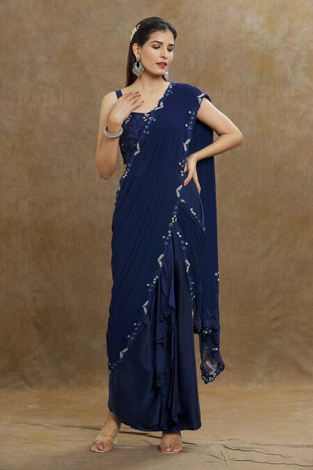 Buy_1999ad By Amita & Deepak_Blue Georgette Embroidery Sweetheart Neck Border Pre-draped Saree With Blouse _Online_at_Aza_Fashions