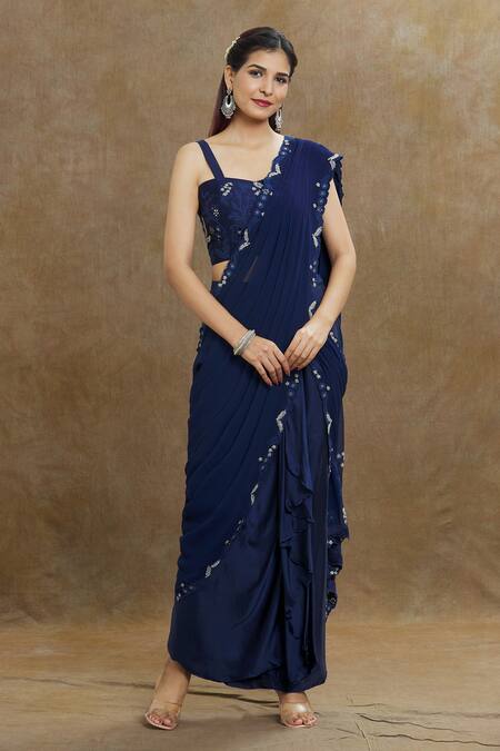 1999ad By Amita & Deepak_Blue Georgette Embroidery Sweetheart Neck Border Pre-draped Saree With Blouse _at_Aza_Fashions