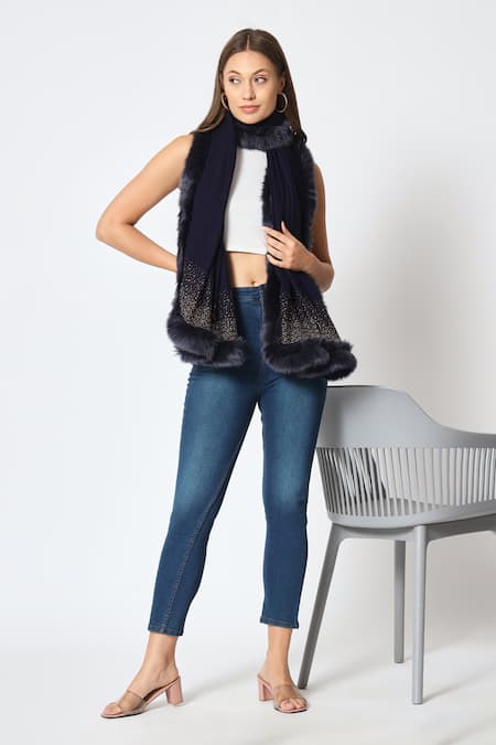 Shop Modarta Black Wool Fur Border Shawl at Aza Fashions Shop_Modarta_Black Wool Fur Border Shawl _at_Aza_Fashions