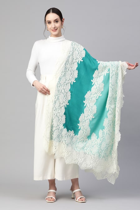 MODARTA Blue Lace Wool Floral Border Shawl