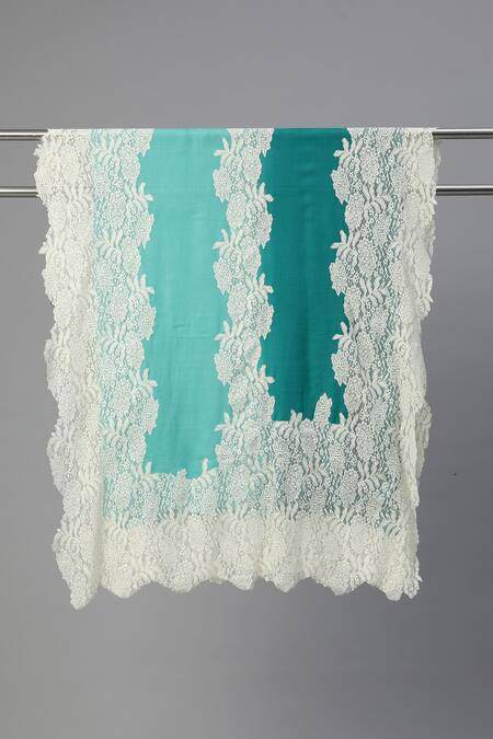Shop_Modarta_Blue Wool Floral Lace Border Shawl _at_Aza_Fashions