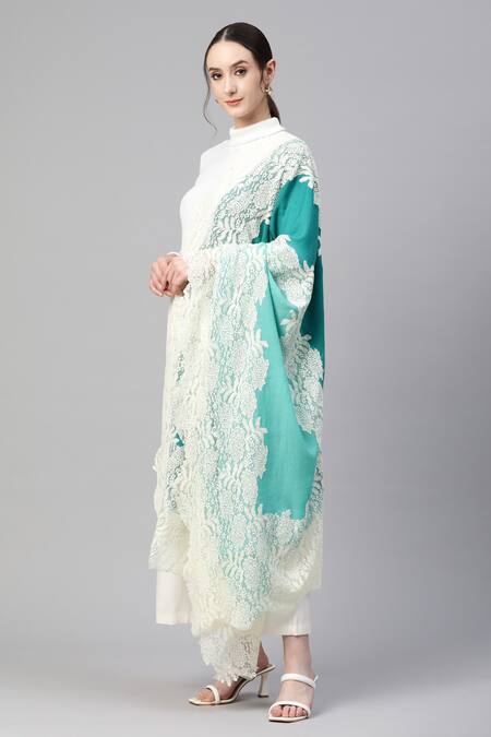 Shop_Modarta_Blue Wool Floral Lace Border Shawl _Online_at_Aza_Fashions