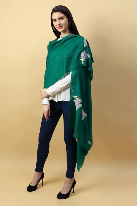 Modarta_Green Pashmina Placement Embroidered Shawl _Online_at_Aza_Fashions