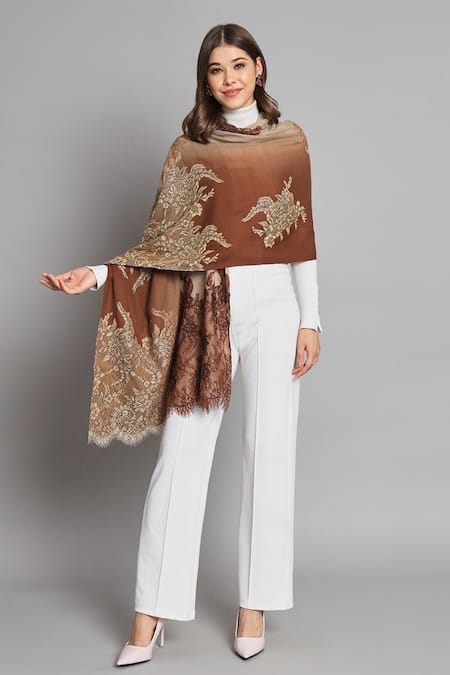 MODARTA Brown Lace Ombre Swarovski Embellished Shawl 