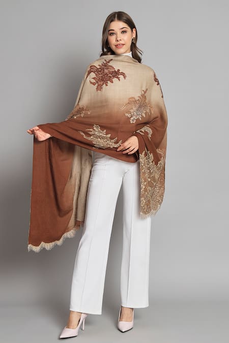 Shop_Modarta_Brown Ombre Swarovski Embellished Shawl _Online_at_Aza_Fashions