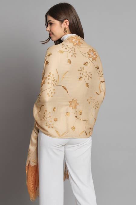 Shop_Modarta_Beige Wool Floral Cutwork Shawl _at_Aza_Fashions