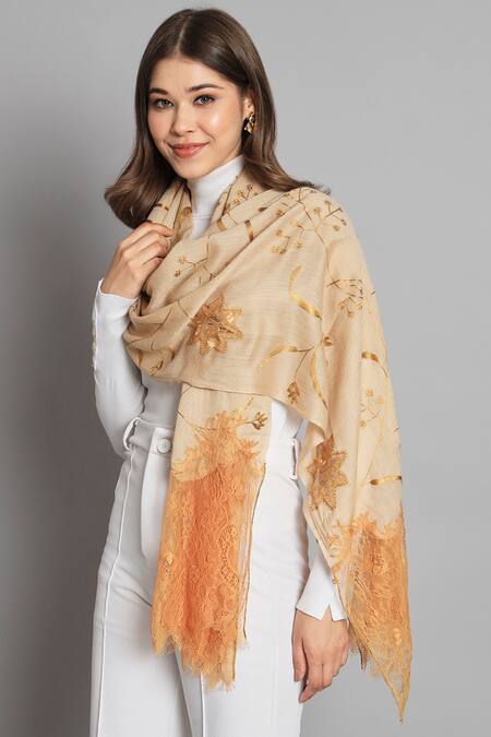 Modarta_Beige Wool Floral Cutwork Shawl _Online_at_Aza_Fashions
