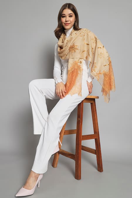 Buy_Modarta_Beige Wool Floral Cutwork Shawl _Online_at_Aza_Fashions