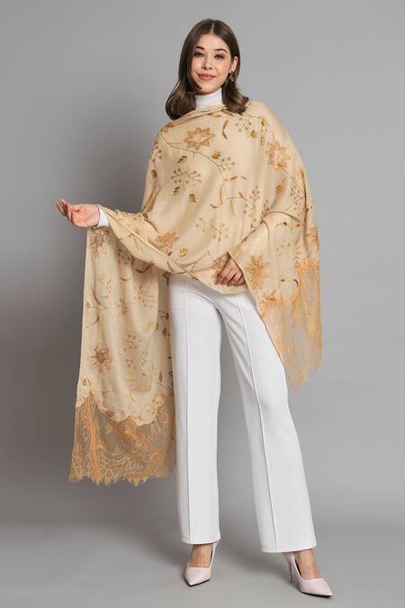 Shop_Modarta_Beige Wool Floral Cutwork Shawl _Online_at_Aza_Fashions
