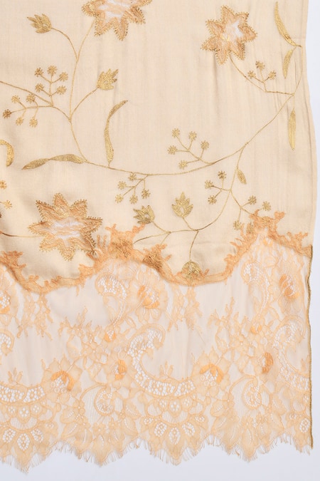 Modarta_Beige Wool Floral Cutwork Shawl _at_Aza_Fashions