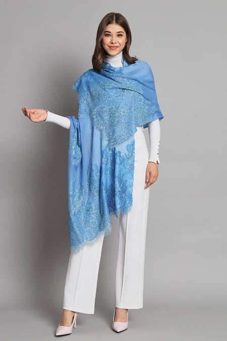 MODARTA Blue Lace Ombre Embellished Shawl
