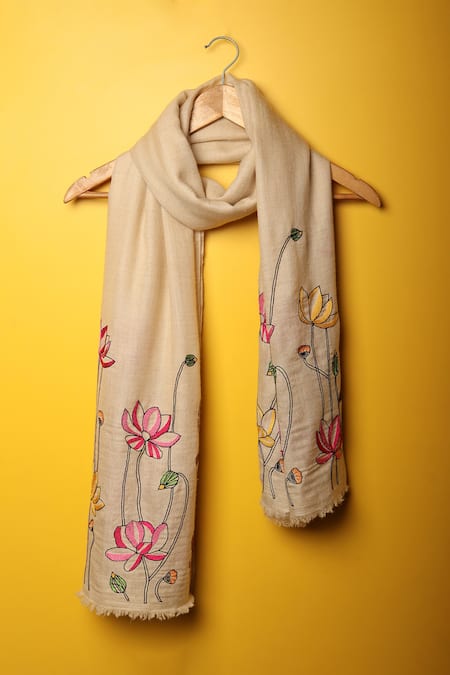 Shop_Modarta_White Floral Hand Embroidered Shawl _at_Aza_Fashions