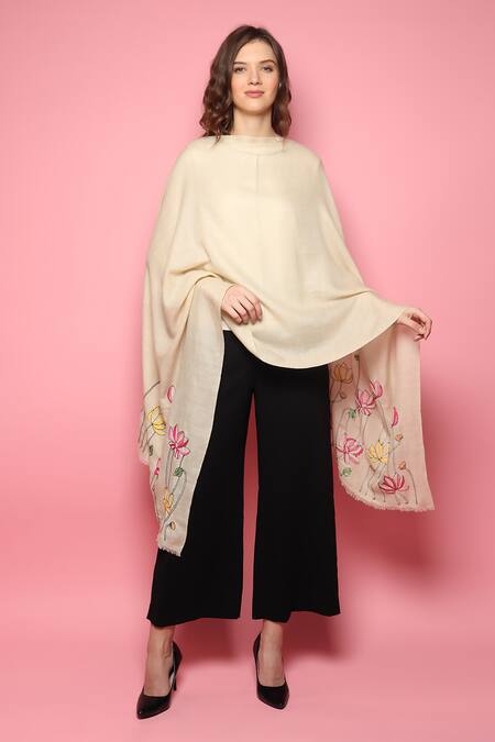 Modarta_White Floral Hand Embroidered Shawl _Online_at_Aza_Fashions