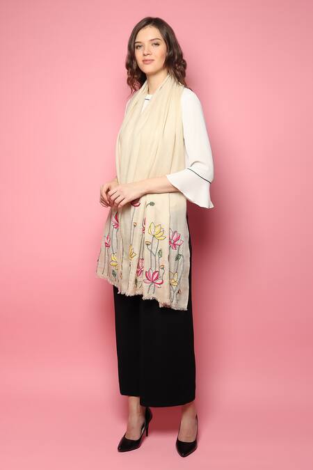 Shop_Modarta_White Floral Hand Embroidered Shawl _Online_at_Aza_Fashions
