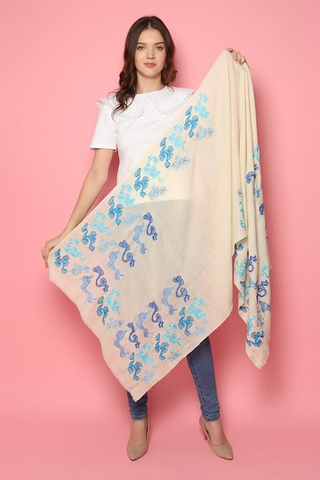 Buy_Modarta_White Abstract Hand Embroidered Shawl _Online_at_Aza_Fashions
