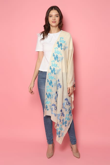 Shop_Modarta_White Abstract Hand Embroidered Shawl _Online_at_Aza_Fashions