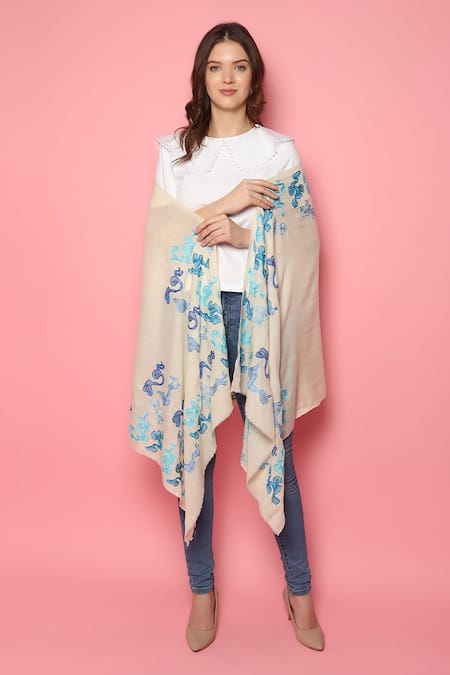 Modarta_White Abstract Hand Embroidered Shawl _at_Aza_Fashions