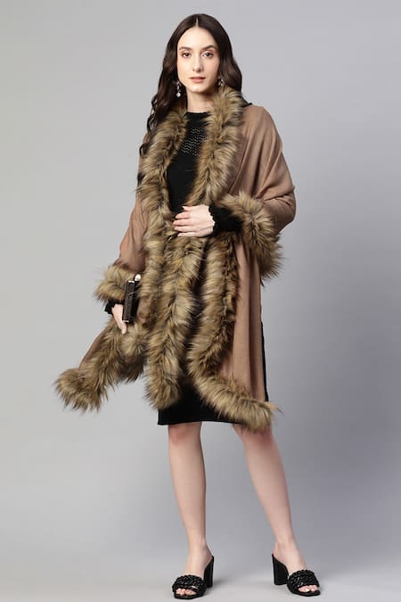 Modarta_Brown Fine Wool Fur Shawl _Online_at_Aza_Fashions