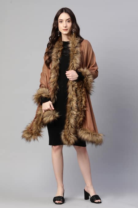 Modarta_Brown Fine Wool Fur Shawl _at_Aza_Fashions