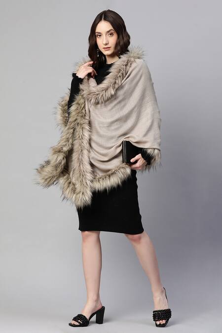 MODARTA_Beige Fur Fine Wool Shawl _Online_at_Aza_Fashions