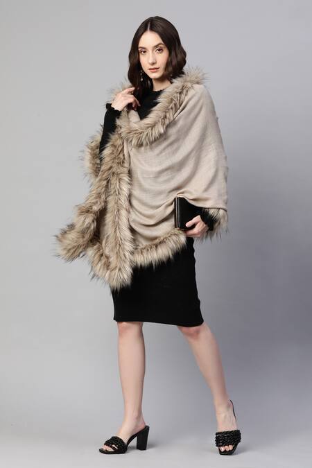 MODARTA_Beige Fur Fine Wool Shawl _at_Aza_Fashions