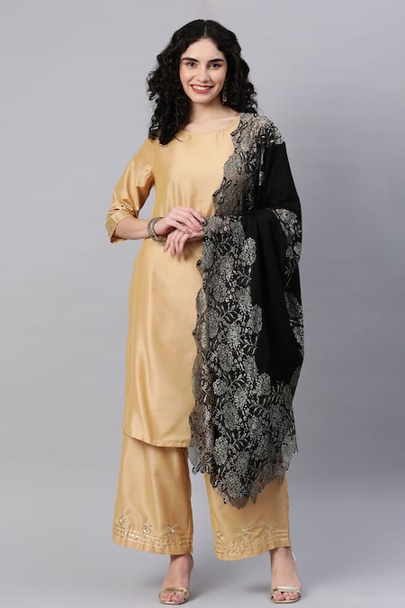 Shop_Modarta_Black Metallic Lace Hem Shawl _at_Aza_Fashions