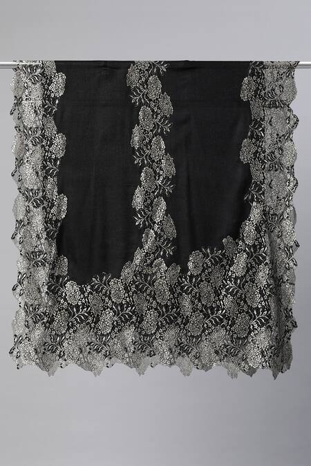 Modarta_Black Metallic Lace Hem Shawl _Online_at_Aza_Fashions