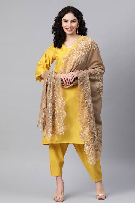 Modarta_Gold Valentino Lace Hem Fine Wool Shawl _Online_at_Aza_Fashions