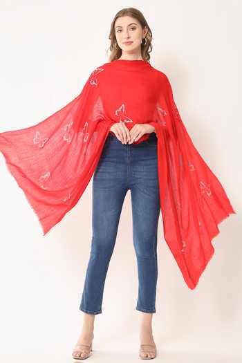 Modarta_Red Swarovski Butterflies Embroidered Shawl _Online_at_Aza_Fashions