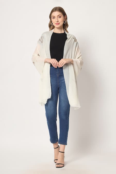 Modarta_White Swarovski Butterflies Work Shawl_Online_at_Aza_Fashions