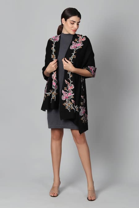 Modarta Black Pure Pashmina Bird Embroidered Shawl Online at Aza Fashions Modarta_Black Pure Pashmina Bird Embroidered Shawl _Online_at_Aza_Fashions