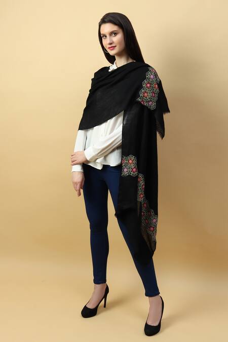 Modarta_Black Pure Pashmina Floral Hand Embroidered Shawl_Online_at_Aza_Fashions