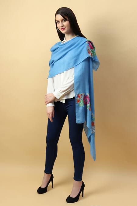 Modarta_Blue Hand Embroidered Pure Pashmina Shawl _Online_at_Aza_Fashions
